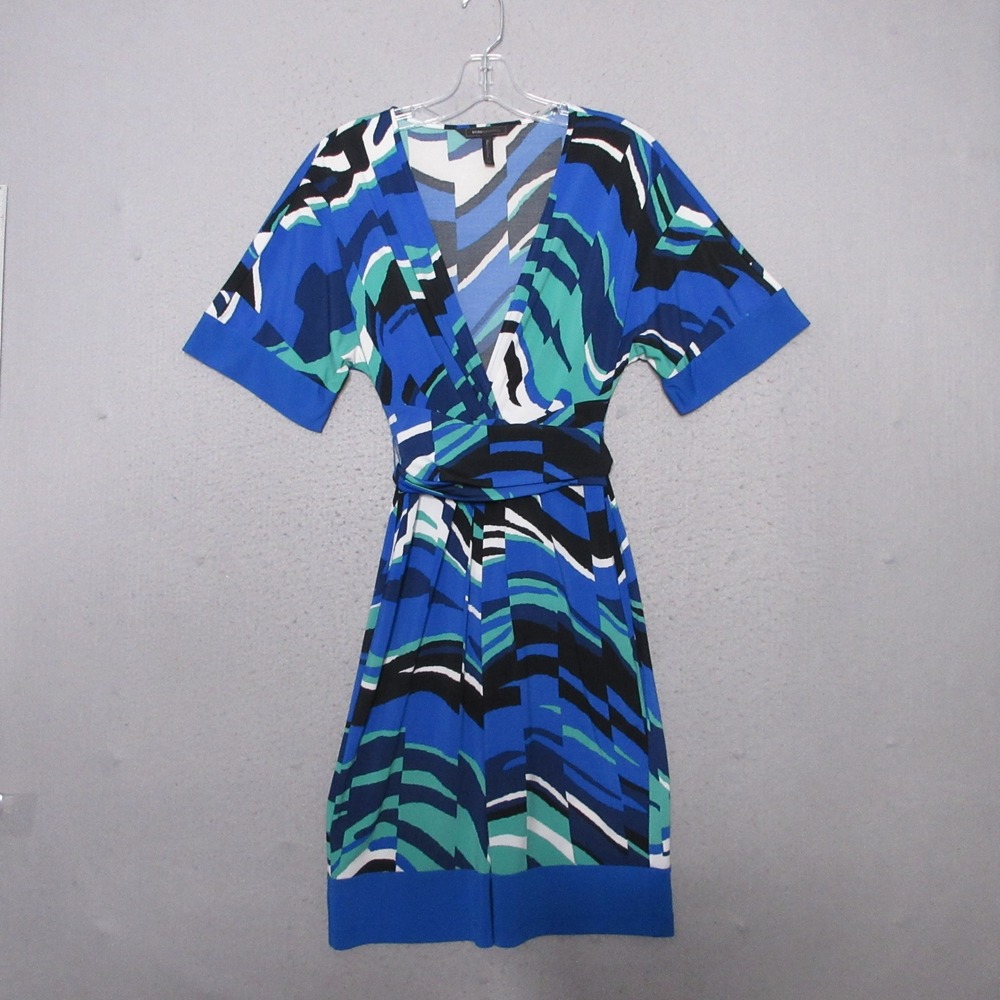 BCBGMAXAZRIA Dress XS Blue Y2K 90s Artsy Faux Wrap V-Neck Short Kimono Sleeve